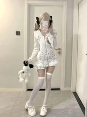 Sweet Cute Rabbit Ear Hooded Lace Long Sleve Sweatshirts Jacket+ Y2k High Waist White Cake Skirts Fashion New Two Piece Sets
