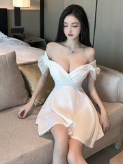 2025 Summer Women's Sexy Mature Lace spliced Short Sleeve Deep V Low cut Fashion Waist retraction Solid color A-line Dress 2ZW6
