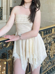 Fairy E-girl Mini Dress Irregular Ruffles Hem Women Off Shoulder Bandage Backless Dress Lace Patchwork Cutout Beach Club