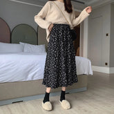 Vintage Floral Print A-line Pleated Long Skirts Summer Women 2024 Korean Skirt Streetwear Drawstring Elastic Waist Midi Skirt