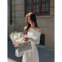 Elegant Long Sleeve Off-shoulder White Dress For Women Autumn 2025 New Style Waist-fitted Fashionable Collection Dress