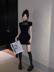 Korean Style Sexy Slim Fit Mesh Patchwork Round Neck Knitted Dress Elegant Summer New Soft Girl Waist Wrap Hip Short Skirt W2JS