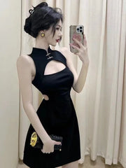 Summer Korean Style New Sweet Soft Girl Black Hollow Out Temperament A-line Loose Dress Slim Fit Cheongsam Trendy Clothes SYU6