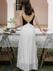French Black And White Patchwork Maxi Dress Women Summer V Neck Sleeveless Backless Pleated Vestido Beach Holiday Party Clothing