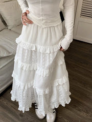Fairycore White Long Skirt Women Cutecore Hollow Out Hook Floral Patchwork Ruffle High Wasit A-line Maxi Skirt Mori Girl