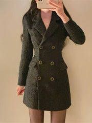 Elegant Tweed Blazer Dress Double Breasted Slim Short Dresses for Women Korean Fashion Office Lady Coat Dress Autumn Winter New