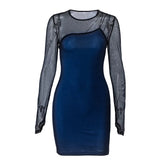 Lace Splice Mini Dress For Women Sexy Mesh Long Sleeve O Neck Sheath Dresses Femme Holiday Elegant Slim Dress Womens 2025