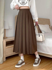 Long Skirt Brown 2024 Summer Korean Fashion High Waist Black Midi Skirt Women Elegant A Line Girls Pleated Skirts Gray Spring