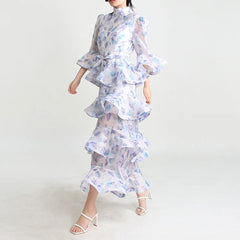 Print Ruffled Design Dresses For Women V Neck Single Breasyed Short Sleeve Elegant Dress Female Spring 2025 New