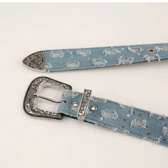 Fashion Vintage Blue Denim Belt with Retro Carved Pattern and Needle Buckle Y2k Belt Straps for Women Jeans Dress Accessories