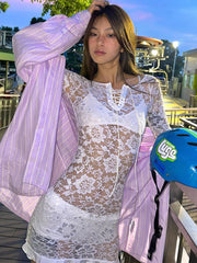 Ruffle Lace Dress For Women Off Shoulder Bandage See Through Mini Dresses Girls Summer Beach Backless Holiday Dress Woman