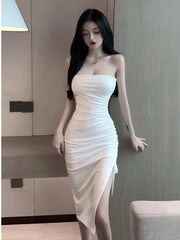2025 Summer Women's Sexy Temperament Pleated Wrapped Chest backless Tight Solid Color Wrap buttocks Split Mid length Dress CAQM