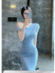 French Fashion Pleated Long Dress Summer Spring For Women Off The Shoulder Slim Fit Slimming Temperament Oblique Shoulder PTOF