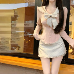 Fashion Sweet Bow Slim Fit Long Sleeve Tops Women+ Y2k High Waist Lace Bodycon Skirts 2024 Autumn New Two Piece Sets