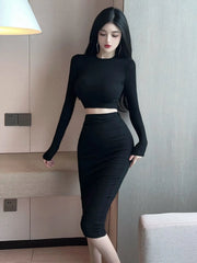 2024 Sexy Spicy Girl Bold Hollow Out Elegant Fashion Gentle Skirt Set Short Long Sleeve Top High Waist Skirt Set Female AIWB