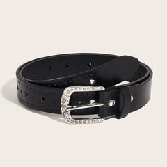 Fashion Leather Punk Belt with Adjustable Love Heart Holes Luxury Designer Rhinestone Buckle Women Belt for Dress Jeans Cool