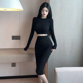 2024 Sexy Spicy Girl Bold Hollow Out Elegant Fashion Gentle Skirt Set Short Long Sleeve Top High Waist Skirt Set Female AIWB