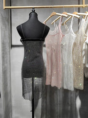 Mesh Rhinestone Hollow Dress For Women Sexy See Through Sleeveless Dresses Club Party Temperament Vestido De Mujer
