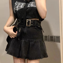 Oversize American Retro High Waiste A-line Skirts 2024 Summer New Ruched Faldas Mujer Y2k Grunge Denim Skirt for Women