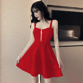 2025 New Sexy Dress Mesh Red Strap A-line Slim Fit Slim Ruffled Low Chest Zipper Korean Style Short Dress Women Charm PG9J