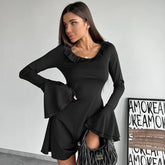 Flare Sleeve Slim Mini Dress For Women Fungus Splice Long Sleeve Outfits New Female Elegant Club Party Dresses High Waist