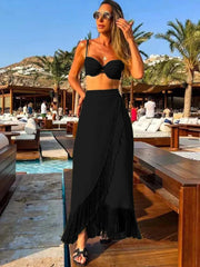 Sexy 3Pcs Bikini Set With Skirt Women Swimsuit Tassel Long Skirt Bathing Suit Beachwear 2025 Summer Trend Female Swimwear Dress