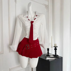 Simple Slim Fit Lapel Neck Long Sleeve White Shirts Women+ Y2k High Waist Ruched Skirts 2024 Early Autum New Two Piece Sets