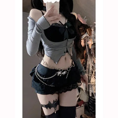 Fashion Fake Two Piece Slim Fit Long Sleeve Tops Women+ Y2k High Waist Lace Bodycon Skirts 2024 Summer New Sets