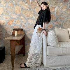 Vintage Lace White Skirt for Women Y2k Grunge High Waist A-line Skirts 2024 Spring Autumn New Mid-length Faldas Mujer