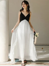 French Black And White Patchwork Maxi Dress Women Summer V Neck Sleeveless Backless Pleated Vestido Beach Holiday Party Clothing