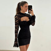 Lace Splice Chest Hollow Dress Women's Tight Waist Sexy Slim Flare Sleeve Mini Dress Solid Elegant Hot Girl Party Outfit