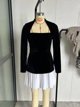 Fashion Long Sleeve Pleated Dress Elegant Contrast Color Office Woman Velvet Short Dress Splice Slim Vestidos Party Dress