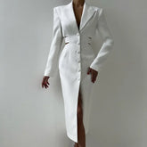 2025 New Hollow Waist Suit Dress Office Lady Single Breasted Midi Dress Lapel Solid Long Sleeve Elegant Female Dresses
