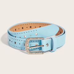 Fashion Leather Punk Belt with Adjustable Love Heart Holes Luxury Designer Rhinestone Buckle Women Belt for Dress Jeans Cool
