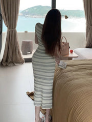Fashion Casual Striped Knitted Bodycon Dress Simple Elegant Sheath Robe Office Lady Korean Elastic Basis Bottoming Long Dress