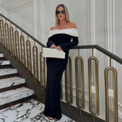 Contrast Color Knitted Long Dress For Women One-Shoulder Elegant Slim Party Sweater Dresses Female High Waist New Autumn