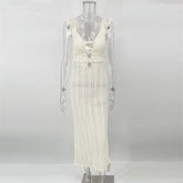 Deep V Neck Sexy Dresses Women Sleeveless See Through High Waist Long Cover Up Dress Femme Holiday Knitted Beach Dress