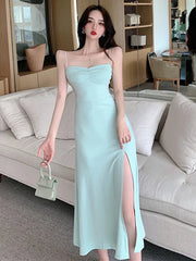 2025 Summer Women's clothing gentle Sweet chest Fold Fashion Slim Side Split Sling Wrap buttocks Wrap buttocks Long Dress T0E2