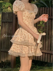 French Fashion Sweet Boat Neck Fragmented Flower Bubble Sleeve Dress Summer New Open Back Hollow Bow Slim Fit Design Skirt OUC5