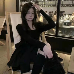 Korean Style Long Sleeve Drees Women Autumn Patchwork Square Collar Black Puffy Dresses Woman Fashion Prom Bow Black Mini Dress