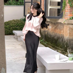 Korean Satin Long Sleeve Bow Top Skirts 2 Piece Set for Women New Autumn Fashion Elegant Evening Party Female Clothes Suits