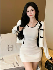 2025 Spring Autumn New Women's Sexy Temperament Knitted Cardigan Coat Slim Wrap Hip Tank Top Dress Fashion Two Piece Set WHH4