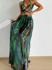 2025 Halter Criss Cross Bikini Tropical Print Swimsuit & Beach Dress 3 Piece Sexy Swimwear Women Bathing Suit Beachwear Summer