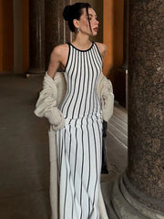 Retro Striped Knit Sleeveless Long Dress For Women Autumn Contrasting Color Slim Beach Holiday Sweater Dresses Elegant