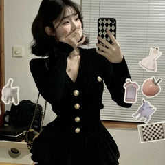 Korean Fashion V-nck Long Sleeve Black Knitted Cardigan+ Y2k E-Girl High Waist Ruched Short Skirts 2024 New Two Piece Sets