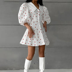 Printed Puff Sleeve Short Dress For Women Lapel Chic Single Breasted Fashion A-Line Patchwork Casual Female Party Dress