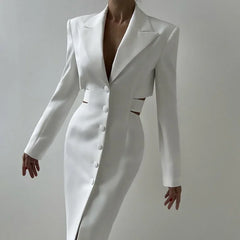 2025 New Hollow Waist Suit Dress Office Lady Single Breasted Midi Dress Lapel Solid Long Sleeve Elegant Female Dresses