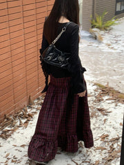 Plaid Long Skirt Womens Maxi Skirt 2023 Goth Lolita Low Waist Ladies Front Zip Ruffle Pleated Skirts rok