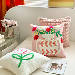 French Pink Floral Pillow Cases Fluffy Flower Embroidered Throw Pillow Cover Living Room Sofa Decorative Pillow Case 45x45cm