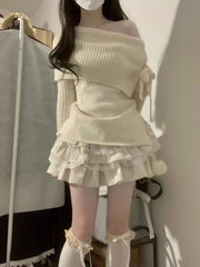 Fashion High Waist A-line Skirt for Women 2024 Spring Autumn New Beige White Skirts Y2k Ruched Ruffles All-match Faldas Mujer